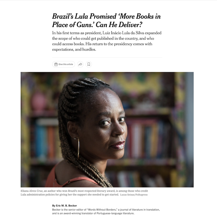 screenshot of new york times article on brazil writers and president lula by eric m be becker